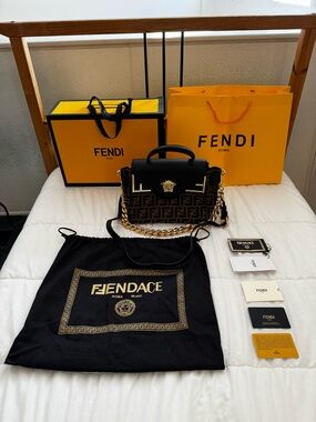 Fendace Black and Brown FF Logo Medusa Top Handle Shoulder Bag